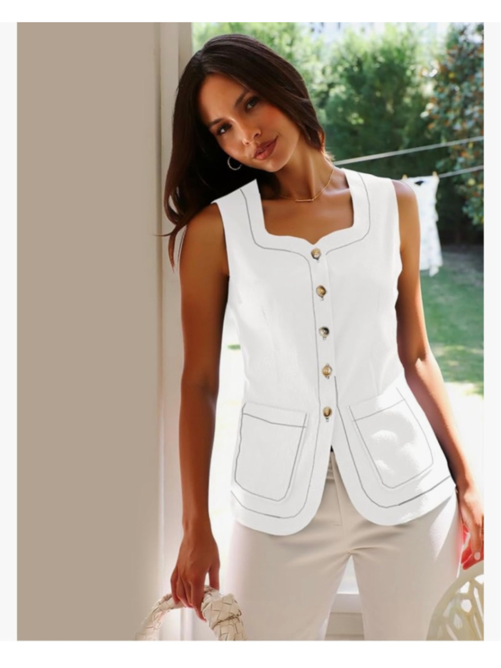 NEW Cream Square Neck Denim Vest Button Down Sleeveless Jean Waistcoat M - Picture 2 of 6